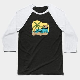 Pug Dog Surfing on the Sea Wave on the Summer Beach Baseball T-Shirt